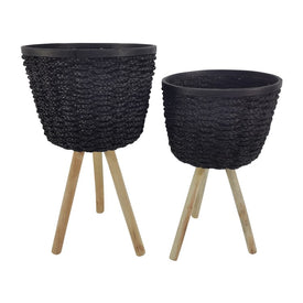 20"/23" Woven Basket Planters with Legs Set of 2 - Black (Knockdown Design)