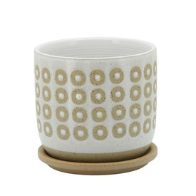 6" Circles Ceramic Planter with Saucer - White