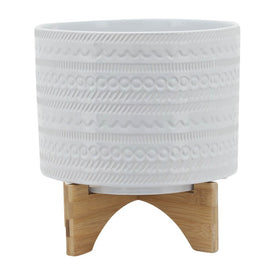 8" Tribal Planter with Wood Stand - White