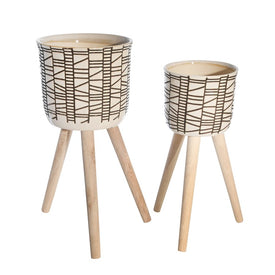 Abstract Ceramic Planters with Tripod Wood Legs Set of 2 - Ivory/Beige