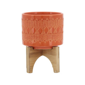 5" Aztec Ceramic Planter on Wooden Stand - Orange
