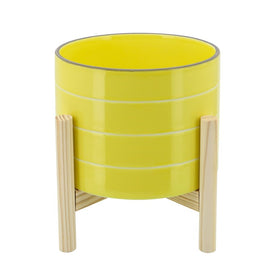 8" Striped Ceramic Planter with Wood Stand - Yellow