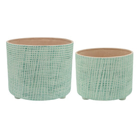 10"/12" Checkered Footed Ceramic Planters Set of 2 - Green