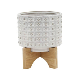 6" Dotted Ceramic Planter with Wood Stand - Ivory