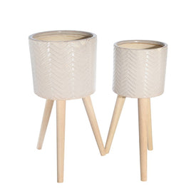 Chevron Ceramic Planter with Tripod Wood Legs Set of 2 - Beige