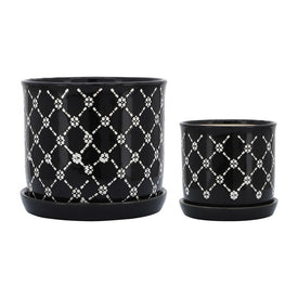 6"/8" Chained Daisies Ceramic Planters with Saucers Set of 2 - Black