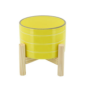 6" Striped Ceramic Planter with Wood Stand - Yellow
