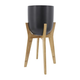 8" Ceramic Planter with Wooden Stand - Black