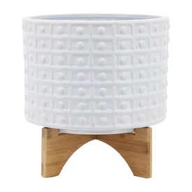 11" Dotted Ceramic Planter with Stand - White