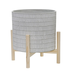 10" Tribal Lines Ceramic Planter with Wood Stand - Beige