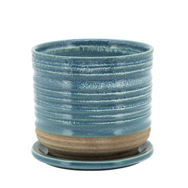 6" Textured Rings Ceramic Planter with Saucer - Aqua