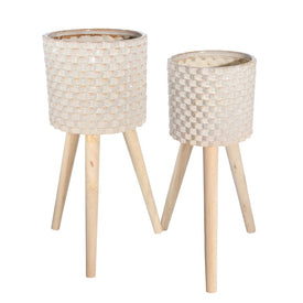 Basketweave Texture Ceramic Planter with Tripod Wood Legs Set of 2 - Beige