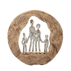 Aluminum Family in Mango Wood Circle - Silver/Brown
