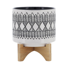 8" Aztec Ceramic Planter on Wooden Stand - Gray