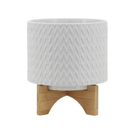 8" Chevron Ceramic Planter with Wood Stand - White