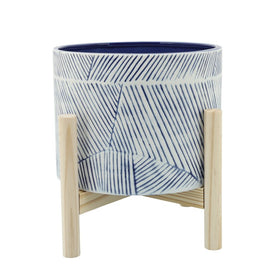 8" Abstract Lines Ceramic Planter with Wood Stand - Navy