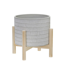 8" Tribal Lines Ceramic Planter with Wood Stand - Beige
