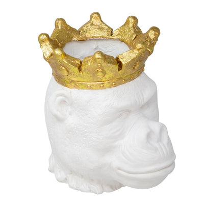 9" Polyresin Gorilla Head Planter with Crown - White
