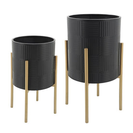 Basketweave Lines Planters on Metal Stands Set of 2 - Black/Gold