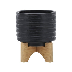 5" Textured Ceramic Planter with Wood Stand - Black