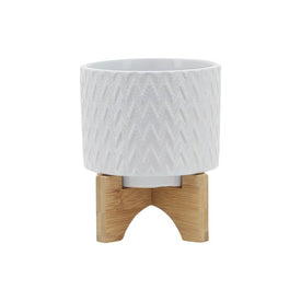 6" Chevron Ceramic Planter with Wood Stand - White