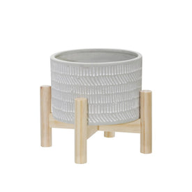 6" Tribal Lines Ceramic Planter with Wood Stand - Beige