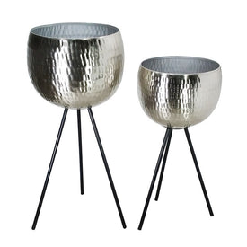 Hammered Iron Bowl Planters with Tripod Bases Set of 2 - Silver