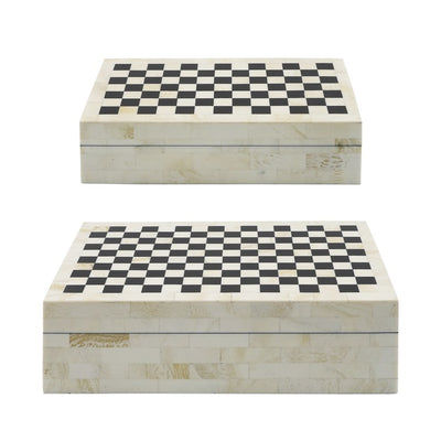 Polyresin/MDF Checkered Lidded Boxes Set of 2 - Black/White
