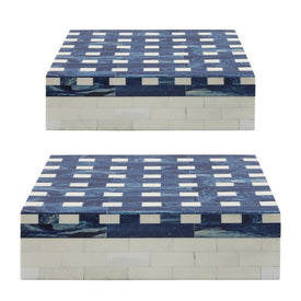 Polyresin/MDF Plaid Lidded Boxes Set of 2 - Blue/White