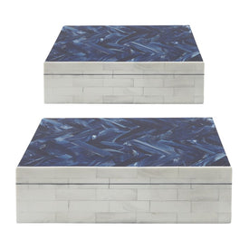 Polyresin/MDF Herringbone Lidded Boxes Set of 2 - Navy/White