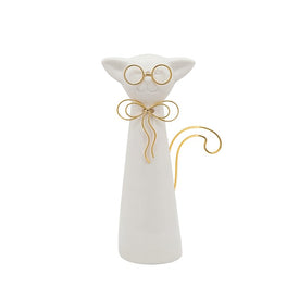 8" Ceramic Cat with Glasses Figurine - White