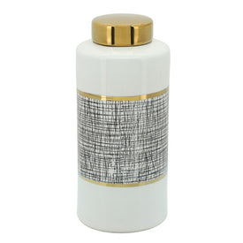 13" Ceramic Jar with Gold Lid - White/Gray