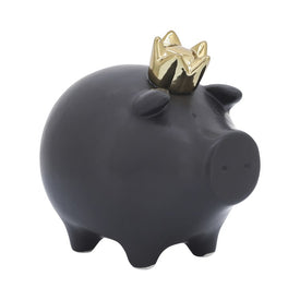 6" Ceramic Pig Figurine with Crown - Black