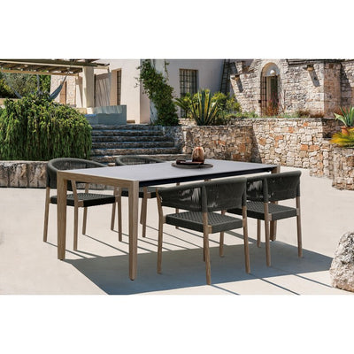 Fineline and Doris Indoor Outdoor Five-Piece Dining Set in Light Eucalyptus Wood with Superstone with Charcoal Rope