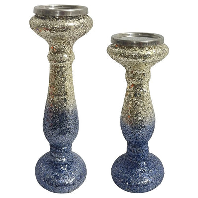 15" Crackled Glass Candlestick Candle Holder - Blue