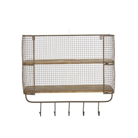 22.5" x 20.25" Two-Tier Metal/Wood Wall Shelf with Hooks