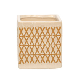 4" Ceramic Square X-Design Pen Holder - Cream