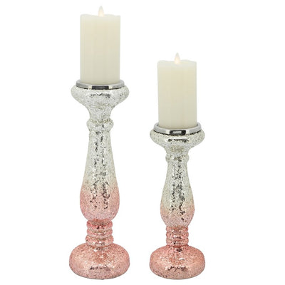 15" Crackled Glass Candlestick Candle Holder - Blush