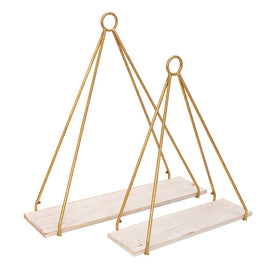 20"/24" Metal/Wood Triangular Wall Shelves Set of 2 - Gold/White