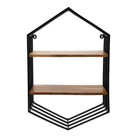 32" Metal/Wood Hexagon Wall Shelf - Black/Brown