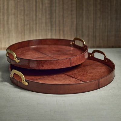 Harlow Leather Round Tray with Brass Handles