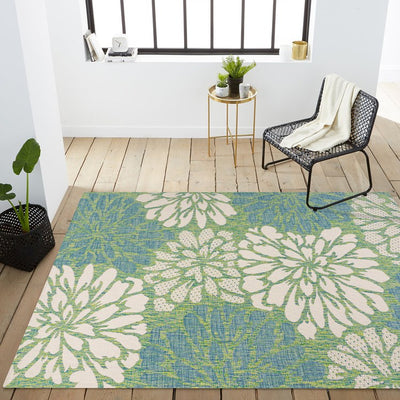 Zinnia Modern Floral Textured Weave 120" L x 93" W Indoor/Outdoor Area Rug - Cream/Green