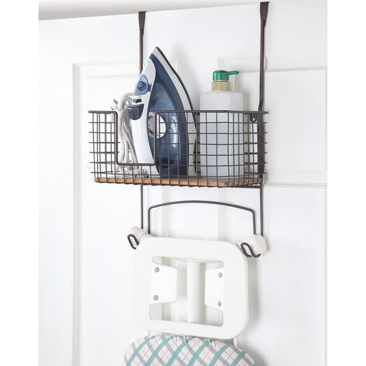 Metal Wall Mount/Over-the-Door Ironing Board Holder with Large Storage Basket - Black