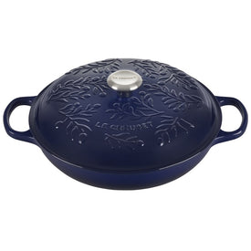 Olive Branch Collection 3.5-Quart Cast Iron Braiser with Embossed Lid and Stainless Steel Knob - Indigo