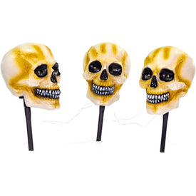 Three-Piece Talking Skull Lawn Stakes with Flashing Eyes and Spooky Sounds Outdoor Battery-Operated Halloween Decoration