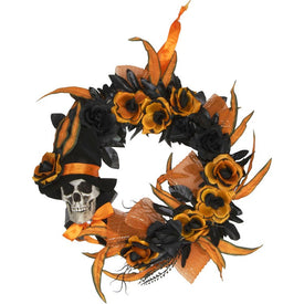 17.7" Pre-Lit Flower and Skull Wreath, Halloween Door or Wall Decoration, Battery Operated, Orange-Black-Purple