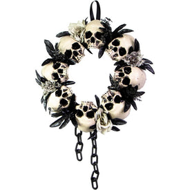 15.7" Skulls and Chains Wreath, Halloween Door or Wall Decoration, White-Black-Gray