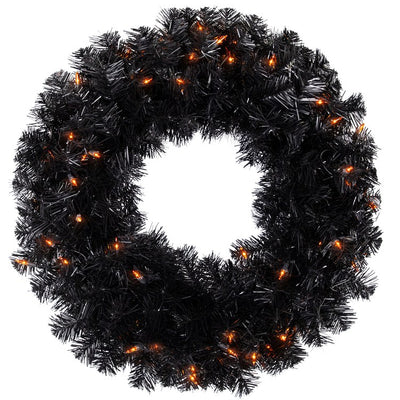 24" Pre-Lit Black Noble Spruce Artificial Halloween Wreath with Orange Lights