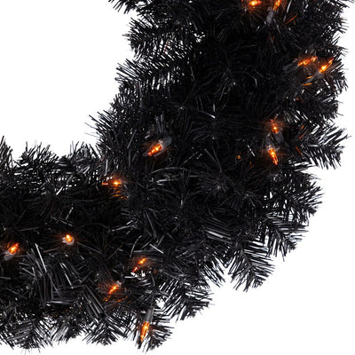 24" Pre-Lit Black Noble Spruce Artificial Halloween Wreath with Orange Lights