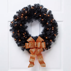 24" Pre-Lit Black Noble Spruce Artificial Halloween Wreath with Orange Lights